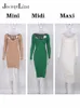 Jacuqeline Knitted Green Midi Sexy Bodycon Women Dress Spring Long Sleeve Off Shoulder Split Elegant Sweater Party Dresses 220311