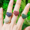 Adjustable Size Shiny Micro Pave Green Blue CZ Stone Heart Shape Love Engagement Ring for Women Jewelry Gift R184 210714