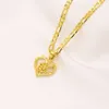 Flower Heart Pendant Italian Figaro Link Chain Necklace 18k Solid Yellow Gold GF 24" 3 mm Womens