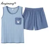 Kvinnor pyjamas bomull Sleepwear för sommar ärmlös M-3XL Nightwear Shorts broderi mode hem kläder pijamas 210809