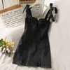 Korean bow tie strap beautiful back suspender short Dress female Vintage slim wild bag hip denim dress summer vestido 210420