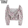 TRAF Mulheres Moda Floral Cópia Cropped Blusas Vintage Três Quarter Sleeve Back Elastic Feminino Camisas Chique Tops Chique 210415