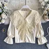 Women French Retro Blouse Court Style V-neck Mesh Lace Ruffles Gentle Wind Lantern Sleeve Autumn Shirt Top Blusa GK494 210507