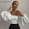 Off Shoulder Long Puff Sleeve Blouse Shirt Women White Elegant Autumn Sexy Office Lady Casual Top Shirts Outwear 210604