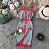 women's fashion retro elegant single breasted patchwork spaghetti strap knitted pencil color block short school girl beach dress boho