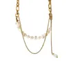 Hängsmycke halsband 14k guldpläterad titan rostfritt stål halsband barock dubbla naturliga sötvattenspärlkedjor damer smycken