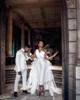 Elegant White Jumpsuit Wedding Dresses Bridal Gowns with Detachable Train Sheer Long Sleeve Beaidng vestido de novia