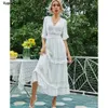 GypsyLady Blanc Dentelle Maxi Dr100% Coton Vintage Femmes Vacances D'été DrCasual Chic Volant Boho Sexy Dames Robes De Plage X0621