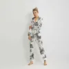 Maison Gabrielle Wiosna Summer Printed Silk Satin Pajamas Zestaw Piżamy Piżamy Loungewear dla kobiet Pajama Femme 2 sztuki Długie 210809