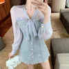 Summer Vintage Dresses Korean Women Elegant Mesh patchwork tweed Dress Party Long Sleeve Runway Vestidos 210603