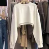 Vår Enkel Casual Solid Short Hoodie Kvinnor Chic High Waist Design Femme Sweatshirt Lossa O-Neck All-Match Mujer Tops 210514