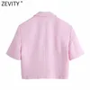 Zevity Femmes Doux Double Boutonnage Col Entaillé Rose Tweed Laine Court Blazer Manteau Vintage Femme Survêtement Chic Tops CT681 210603