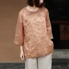 Johanature женщины китайский стиль кнопки рубашки и топы вышивка цветочные винтажные Ramey Spring Blouses o-шеи семь рукав рубашки 210521