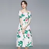 Summer Runway Rose Printed Dress Women's Cold Cut Out Off Shoulder Slash Neck Floral Print Sundress Holiday Long 210529