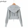 Vintage Solid Color Hoodies Women Long Sleeve Hooded Zipper Casual Sweatshirt Cropped Outerwear Plus Size sudaderas Tops 210430