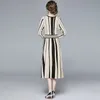 Fashion Autumn Sparkling Sweater Women Long Sleeve V-Neck Striped Pullover Knitted Dress Female Pleated Mid-Calf Vestidos 210416