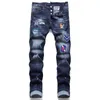 Jean homme Badge déchirures Stretch noir jean homme mode coupe cintrée lavé moto Denim pantalon lambrissé Hip HOP pantalon