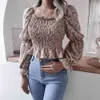 Spring Autumn Floral Print Crop Tops Women Long Sleeve Blouse Shirts Suqare Collar Ruffle Vintage Cute Tops 210415