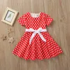 Meisjes witte polka-dot rode dragboog riem zomer princlose a-line rok daily casual 3T-8T x011 x0803