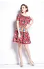 Women Summer Designer Elegant Rose Flower Print Sexy Cocktail Party Robe Female Red Vintage Off-The-Shoulder Mini Dress Vestidos 210525