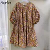 Koreanska tryck vintage klänning kvinnor hög midja höft en linje knä längd vestidos o neck lyktor kort ärm robe lös sommar 210422