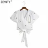 Kobiety Słodki Krzyż V Neck Hollow Out Floral Haft Krótki Bluzka Smock Kobieta Hem Bow Mite Koszulki Chic Crop Topy LS9265 210416