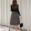 Autumn Korean Elegant Knitted Plaid Patchwork Women Dress Long Sleeve O-neck Lace-up Bow Pleated Midi Dresses Vestido 210603