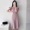 Chic Korean Temperament Elegant O Neck Slim High Waist Double Layer Ruffled Sleeves Stitching Contrast Pleated Knitted Dress 210610