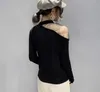 T-shirt senza spalline sexy a maniche lunghe in stile coreano Slim Donna Autunno Primavera Cuciture a rete Top Fashion Scava fuori la camicia 210722