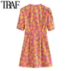 Femmes Chic Mode Avec Boutons Imprimé Floral Mini Robe Vintage Manches Bouffantes Fermeture Éclair Latérale Femmes Robes Mujer 210507