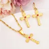 18k Fine Gold CZ pendnat earrings leaf red flower bright-coloured women Jewelry Sets Europe Wedding Gift Dubai diy charms