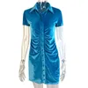 Kvinnor Elegant Kortärmad Skinny Mini Drsummer Now-down Collar Ruched Shirt Drgreen Blue Slim Party Dresses Vestido X0529