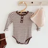 Spring Autumn Infant Baby Boys Girls Stripe Rompers And Hat Clothing Kids Boy Girl Long Sleeve Triangle Clothes 210429