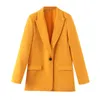 シックな長袖の女性のブレザージャケットのポケット単一ボタンのオフィスの女性の黄色いカジュアルストリートウェア女性のunitwear topsコート210930