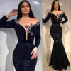 2021 Świeźnie Cekiny Prom Dresses Nosić Navy Blue Keyhole Cekinowe Kryształowe Koraliki Kobiety Długie Rękawy Syrenka Suknia Wieczorowa Długość Piętra Arabskie Suknie Party