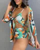 Women's Swimwear Women Sexy Spaghetti Strap Floral Print Knotted Bikini Set With Cover Up Swimsuit Three-Pieces BeachWear