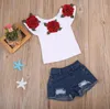 Toddler Baby Girl Clothing Sets Långärmad Leopard Print Ruffle Round Neck Tops Ripped Denim Jeans 2pcs Outfits