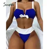 Sexy thong bikini Color block swimsuit women V-neck swimwear female High waist 2 piece set Knot bathing suit 210414