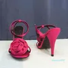 Women's open-toed Leather Sandals, Stiletto silk face rose flower high heels, Size:35-40,Fuchsia