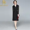 Höst och vinter elegant klänning svart långärmad skräddarsydd krage temperament pendling kvinnor slim penna kjol 210506