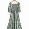 Женщины Vintage SQAURE воротник эластичный лесопичный печать MIDI платье женское ретро слоеная рукава Plifet Vestido Chic платья DS3939 210420