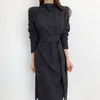 Spring Autumn Office Lady Stand Collar Sash Tie Up Knitting Dress Sexy Women Split with Belt 210423