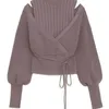 Neploe Turtleneck DrawString Puffスリーブニットセータースウィートルーズショルダーストラビートップス秋冬プルオーバー211215