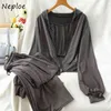 Neploe Casual Fashion Suit Hooded Zip Sweat Sexy Solid Color Camis Drawstring Straight Wide Leg Pantalon Automne 3 Piece Set 210423