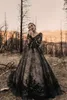 Gothic Full Black Long Wedding Dresses A Line Long Sleeves V Neck Court Train Vintage Bridal Gowns 2021 Plus Size Wedding Wear