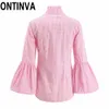 Dégagement Femmes Blouse Rétro Rose À Carreaux Coton Chemises Lanterne Grille Manches Longues Ruché Col Roulé Bouton Tops Blusas Casual 210527