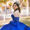 Sexy Red Royal Blue Paillettenspitze Quinceanera Kleider Ballkleid Kristallperlen Roségold Pailletten Schatz mit Ärmeln Rüschen Party Kleid Abschlussabendkleider