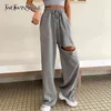 Casual Asymmetrische Frauen Volle Länge Hosen Hohe Taille Spitze Up Bogen Ripped Loch Breite Bein Hose Für Weibliche Kleidung 210521