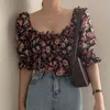 Koreanische Chic Vintage Floral Print Shirt Frau Slim-Fit Puff Sleeve Top Weibliche Quadrat Kragen Chiffon Bluse Frauen Kleidung 14380 210518