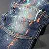 American Streetwear Mode Männer Jeans Retro Dunkelblau Spleißungsdesigner Biker Homme Elastische lackierte Hip Hop Bleistift Pants 210716